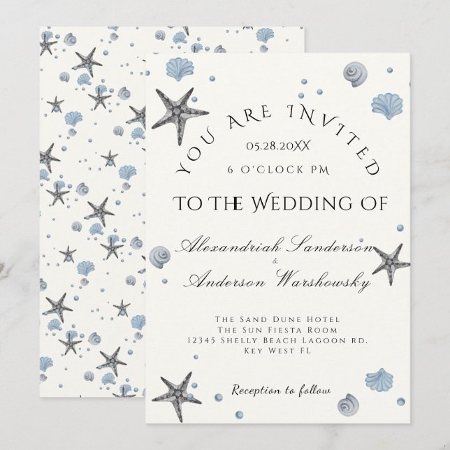 Grått Starfish Blue Snäckors Beach Wedding Inbjudningar (Fram/baksida)