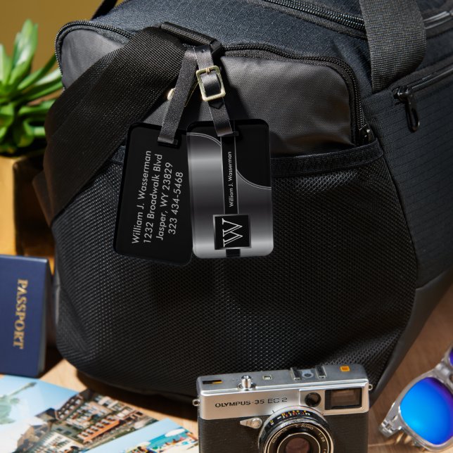 Grått Steel Masculine Monogram Executive Stil Bagagebricka (Fram & Baksida)