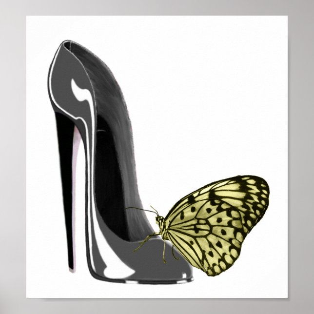Grått Stiletto High Heel Shoe and Gult Butterfly Poster (Framsidan)