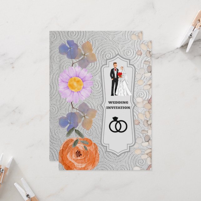 Grått Struktur Blommigt Islamiska bröllopsinbjudan Inbjudningar (Fram/Back In Situ)