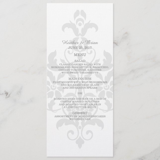 Grått Subtle Damask Wedding Menu Meny (Framsida)
