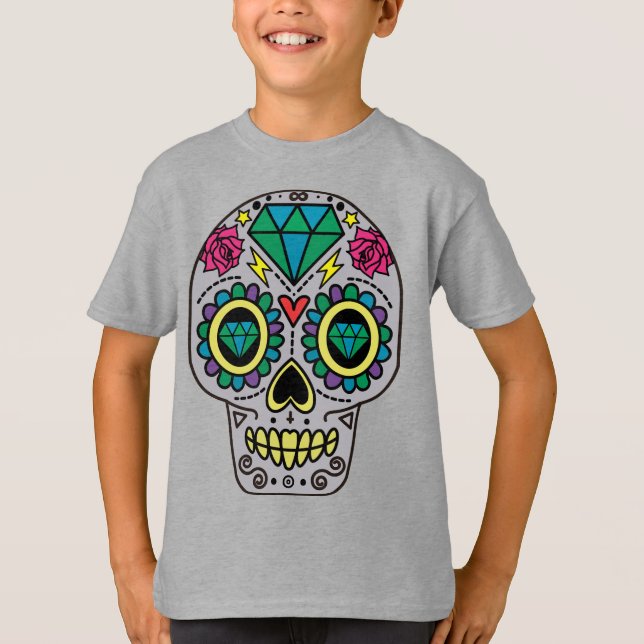 Grått Sugar Skull Art, Day of the dead T Shirt (Framsida)