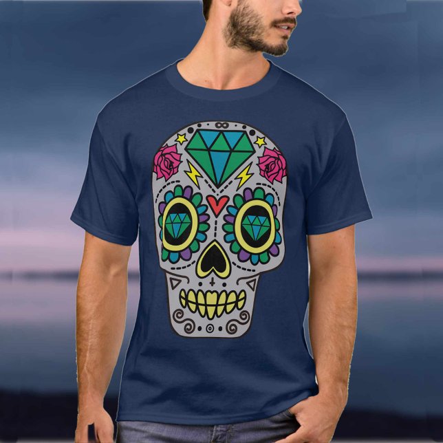 Grått Sugar Skull Art, Day of the dead T Shirt (Skapare uppladdad)