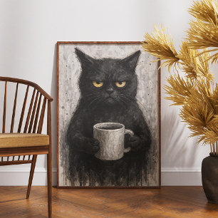 Grått svart katt med kaffemuren Poster