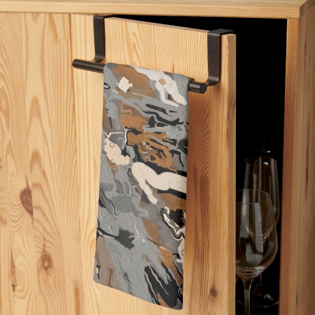 Grått-, svart- och karamellAbstrakt Kökshandduk (Thirds Fold)