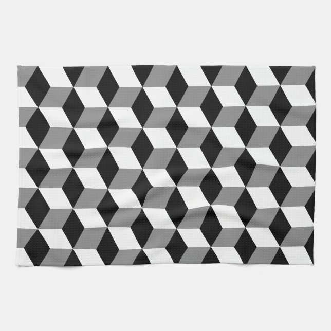 Grått, svart och vit 3D-kuber Mönster Kökshandduk (Horisontell)