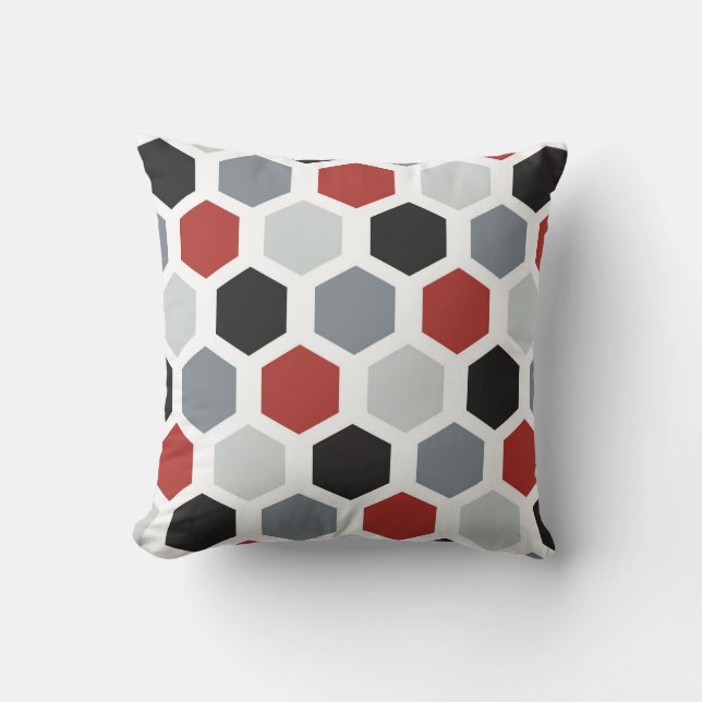 Grått, svart, rött och vit hexagondesign, fyllning kudde (Framsida)