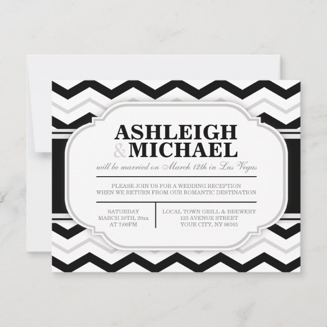 Grått & Svart Vit Chevron Bröllopsfest endast Inbjudningar (Framsida)