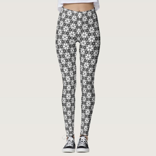 Grått, svartvitt Blommönster Leggings (Framsida)