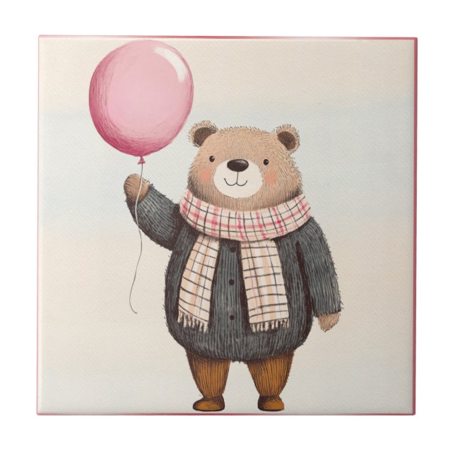 Grått Sweater Bear med Rosa Play Scarf Kakelplatta (Framsidan)