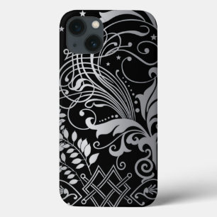 Grått Swirling Damask Pattern på Black