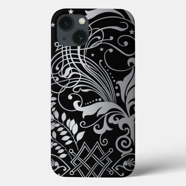 Grått Swirling Damask Pattern på Black (Baksida)