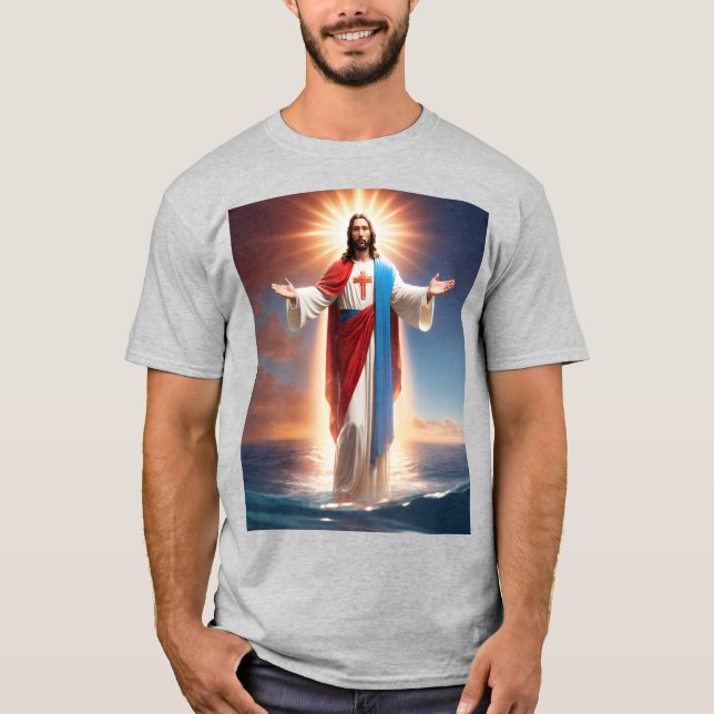 Grått T-shirt med Jesus Kristus ge välsignelser (Framsida)