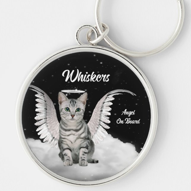 Grått Tabby Angel Cat Sweet Anpassningsbar Rund Silverfärgad Nyckelring (Framsidan)