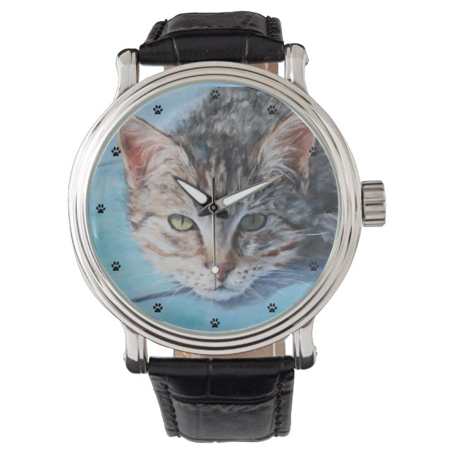 Grått Tabby katt Fine Art Armbandsur (Framsida)