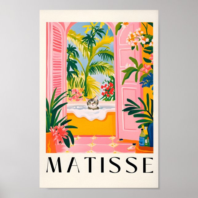 Grått Tabby katt i ett badkar, Rosa badmur Ar Poster (Framsidan)