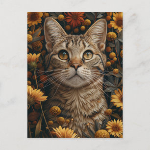 Grått Tabby katt i Fall Flowers Garden Vykort