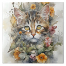 Grått Tabby katt med blommor Porträtt Kakelplatta