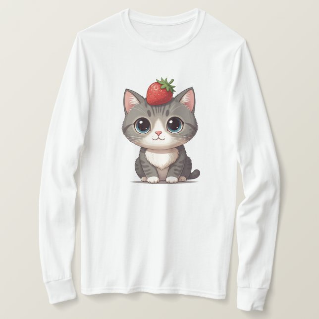 Grått tabby katt med jordgubbsbär t shirt (Design framsida)