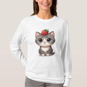 Grått tabby katt med jordgubbsbär t shirt