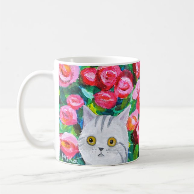 Grått Tabby katt med Söt Blommor Konstkatt Kaffemugg (Vänster)