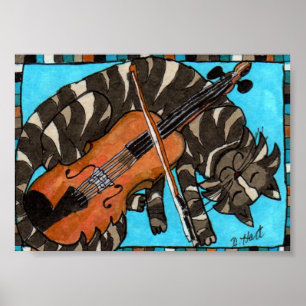 Grått Tabby katt med Violin Fiddle Folk Art Poster