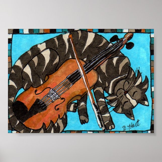 Grått Tabby katt med Violin Fiddle Folk Art Poster (Framsidan)