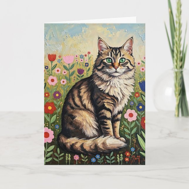 Grått Tabby katt och Folk Art Flowers Birthday Kort (Framsida)