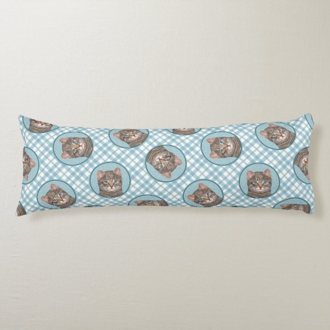 Grått Tabby katt Porträtt målning Cute Original Ar Kroppskudde (Framsidan)