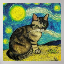Grått Tabby katt Starry Night Artwork Van Gogh