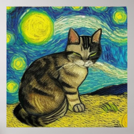 Grått Tabby katt Starry Night Artwork Van Gogh Poster