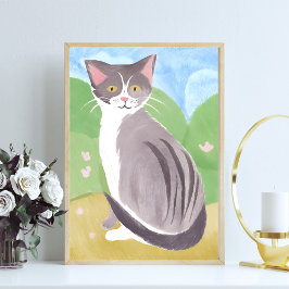 Grått Tabby katt | Vattenfärgsfärg Poster