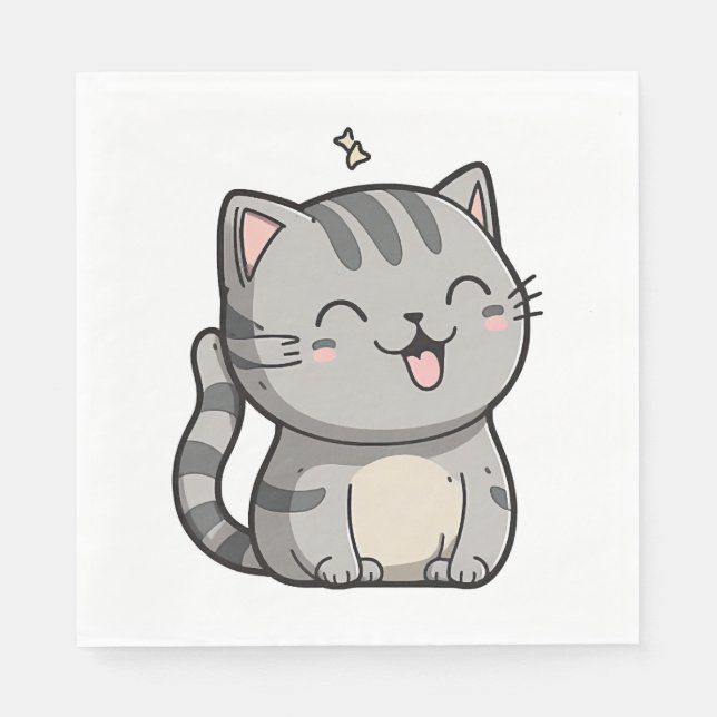 Grått Tabby Kawaii Smiling Cat Pappersservett (Framsidan)