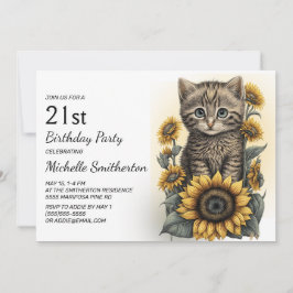 Grått Tabby Kitten Cat Sunblommor 21:a födelsedage Inbjudningar