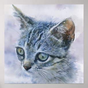 Grått Tabby Kitten Watercolor Stil Art Poster