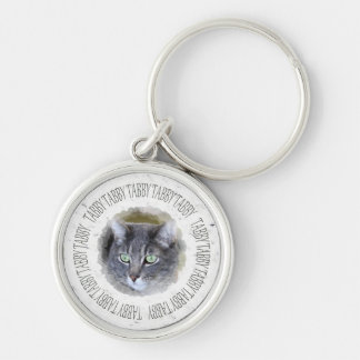 grått tabby rund silverfärgad nyckelring