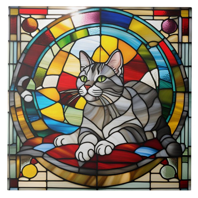 Grått Tabby Stached Glass Decorative Tile Kakelplatta (Framsidan)