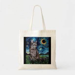 Grått Tabby Tiger Cat Starry Night Måne och Stars Tygkasse