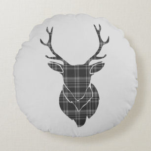 Grått Tartan Mönster och Stag Head Antler Rustic Rund Kudde