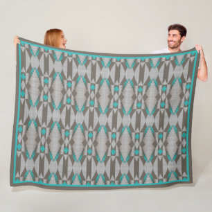 Grått Taupe Aqua Turquise Teal Blue Tribal Art Fleecefilt