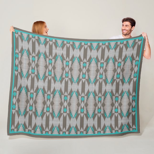 Grått Taupe Aqua Turquise Teal Blue Tribal Art Fleecefilt (På plats)