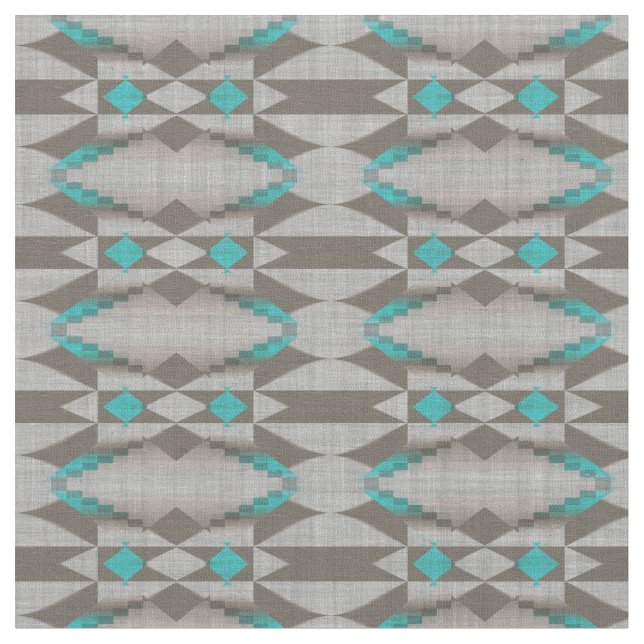 Grått Taupe Aqua Turquise Teal Blue Tribal Art Tyg (Närbild)