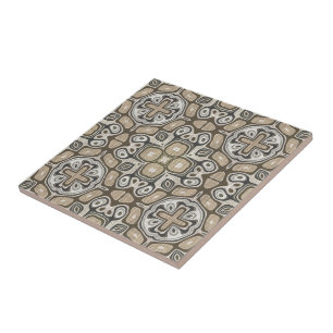 Grått Taupe Ochre Brown Beige Ethnic Tribe Art Kakelplatta