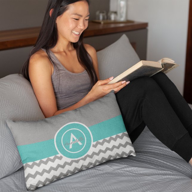 Grått Teal Chevron Lumbarkudde (Skapare uppladdad)