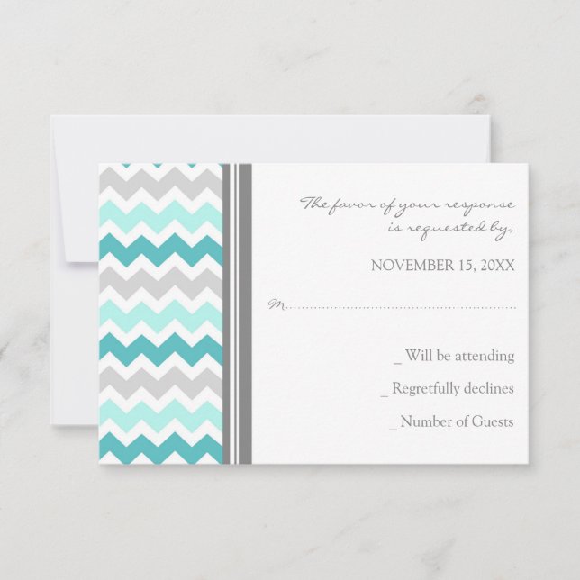 Grått Teal Chevron OSA Bröllop Card (Framsida)