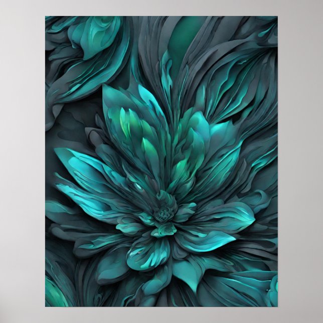 GRÅTT TEAL FLOWER ART POSTER (Framsidan)