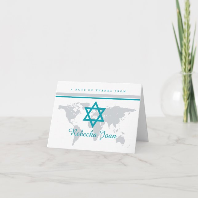 Grått Teal Star of David Bat mitzvah World Map Tack Kort (Framsida)