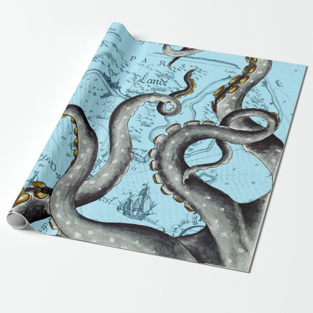 Grått-tentakler på blå Vintage Karta Presentpapper (Utrullad)