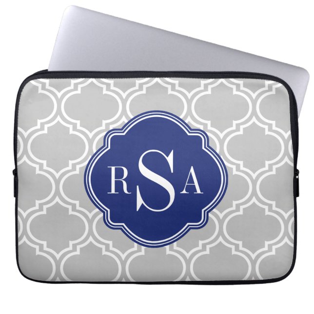Grått Tile Lattice Mönster Blue Monogram Laptop Sleeve (Framsidan)