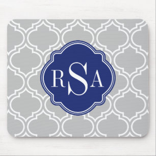 Grått Tile Lattice Mönster Blue Monogram Musmatta